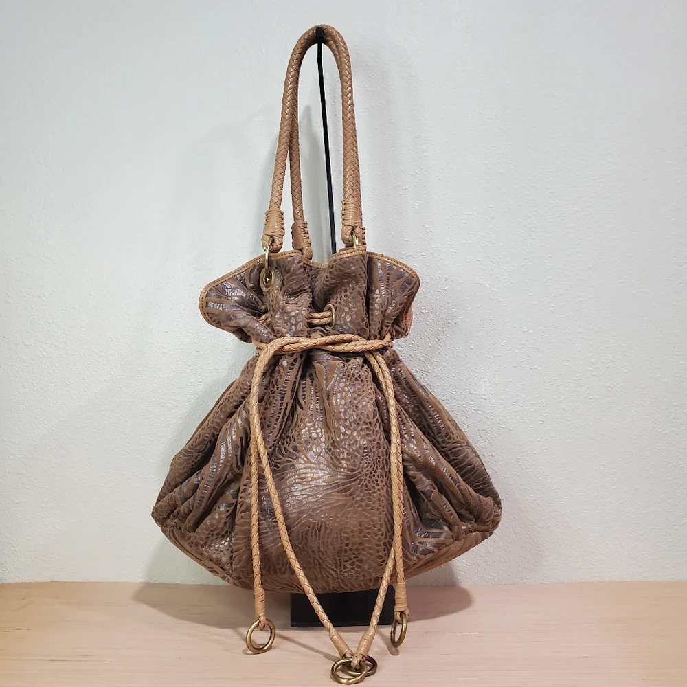Brown Shoulder Pullstring Bag Soft Spacious Fabric Animal Pattern NWOT